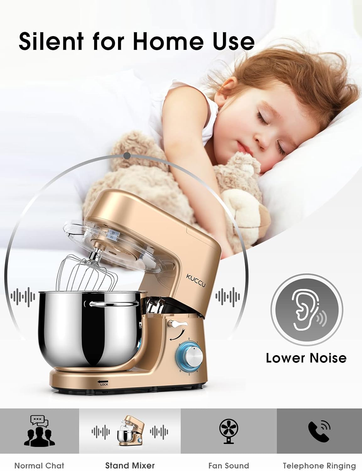 9.5 QT Double Handle KUCCU Stand Mixer, 6 Speed with Pulse Electric Kitchen Mixer, 660W Tilt-Head Food Mixer with Dishwasher-Safe Dough Hook, Flat Beater, Whisk, Splash Guard for home baking (Gold)