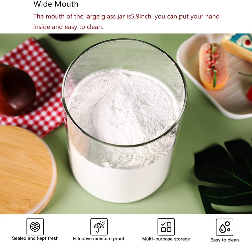 Glass Flour Container with Airtight Bamboo Lid, Large Glass Food Jar with Wooden Lid for Storage Flour, Sugar, Cookies, Rice, Coffee Beans and etc (3L)