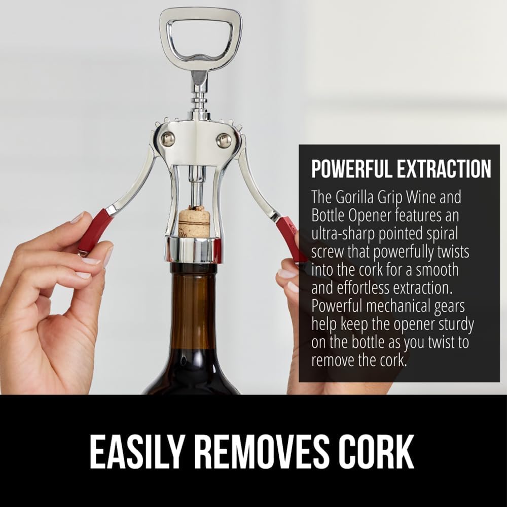 GORILLA GRIP BPA-Free Sharp Wine Opener, Heavy Duty Zinc Alloy Wing Corkscrew, Multifunctional Bottle Opener, Remove Corks or Cap, Easy to Use Bar Cork Screw, Dishwasher Safe Kitchen Essentials, Red