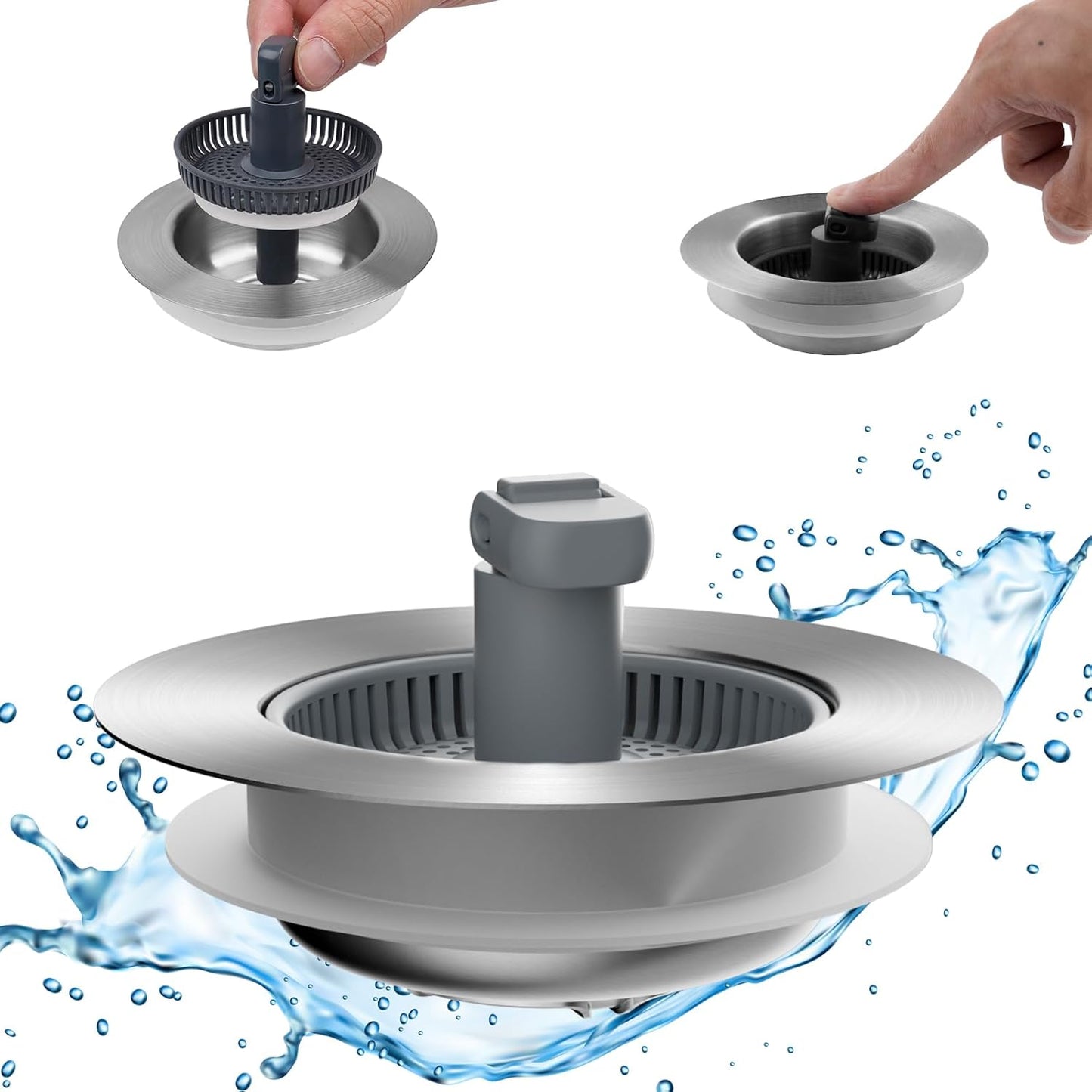 Hibbent Upgraded 3 in 1 Kitchen Sink Drain Strainer and Stopper Combo, Stainless Steel Metal Pop Up Sink Stopper, Anti-Clogging Basket with Foldable Handle for US Standard 3-1/2 Inch Drain