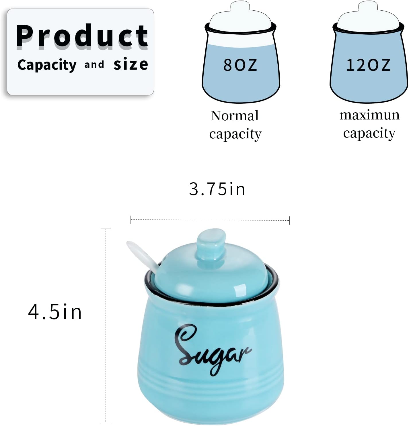 HAOTOP Farmhouse Porcelain Sugar Bowl with Lid and Spoon 12oz,Easy to Clean (Turquoise)