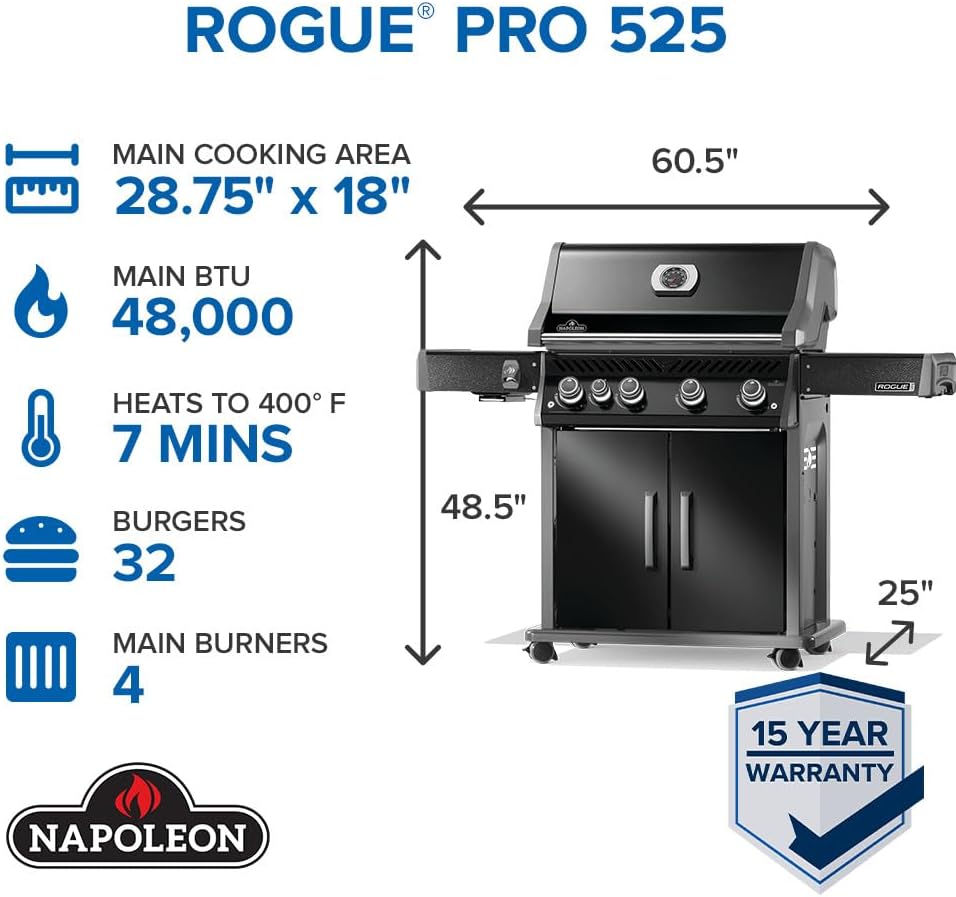 Napoleon Rogue PRO 525 Natural Gas Grill with Infrared Side Burner, Black, Durable 5-Burner Cooking Surface