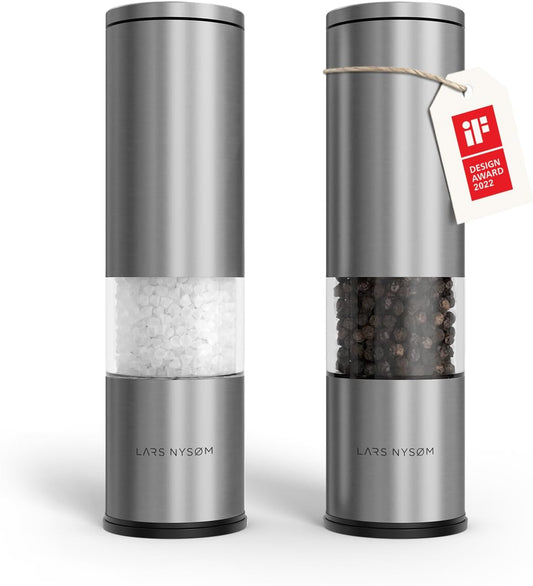 LARS NYSØM Salt and Pepper Grinder Set Manual, Stainless Steel Salt and Pepper Mills with Adjustable Ceramic Grinder I Design Spice Shakers (Stainless Steel)