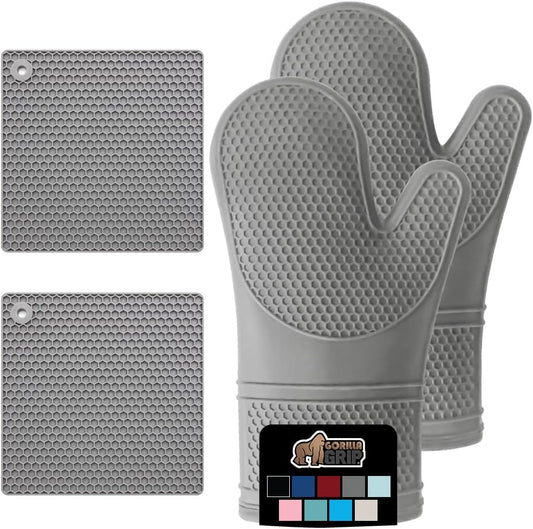 GORILLA GRIP BPA-Free Soft Silicone Oven Mitts and Pot Holders Sets of 4, Heat Resistant Waterproof Cooking Gloves, Thick Cotton Lining, Flexible Gripping for Baking Grilling, Kitchen Trivets, Gray