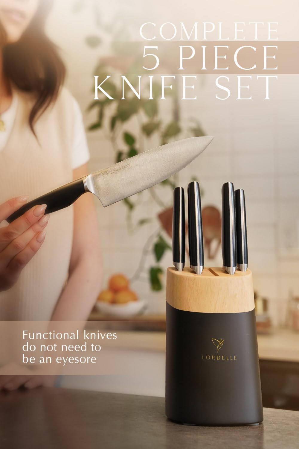 Lordelle Knife Block Set - 5 Piece Set - Black Vintage Ink - Lifestyle Home Kitchen Design - German X50 Stainless Steel - ABS Handle - Ash Wood Block - Cooking Chef Knife, Santoku, Paring, Utility