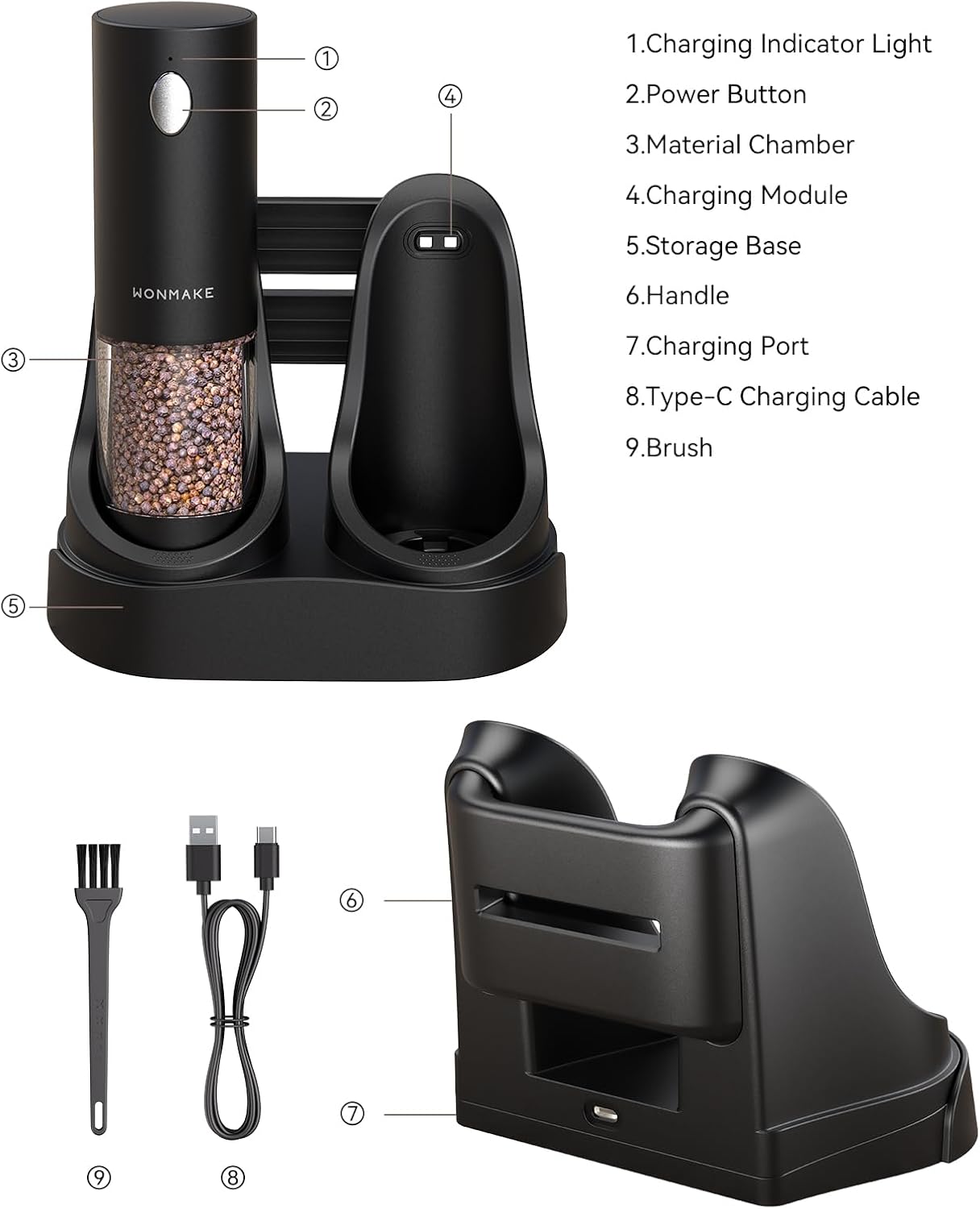 Electric Salt and Pepper Grinder Set - Automatic Refillable Salt and Pepper Grinders with Charging Base & LED Light, 6-Level Adjustable Coarseness with External Dial, Ideal Kitchen Gadget，Black& White
