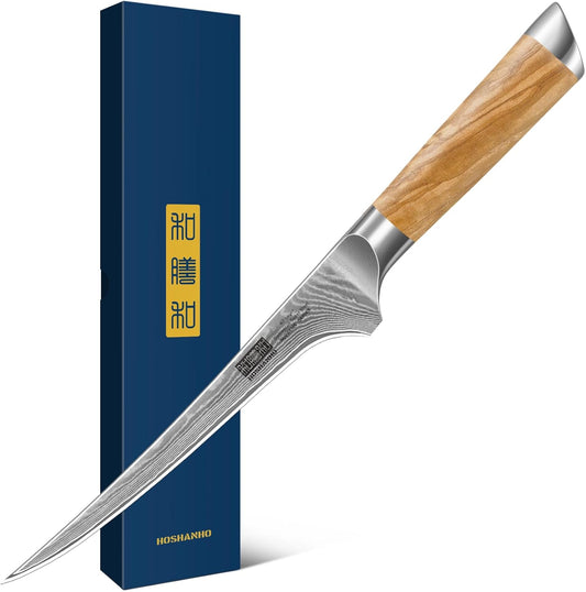 7 Inch Damascus Fillet Knife, Professional VG-10 Super Steel Japanese Boning Knife, Ultra Sharp Fish Knife with Ergonomic Olive Wood Handle