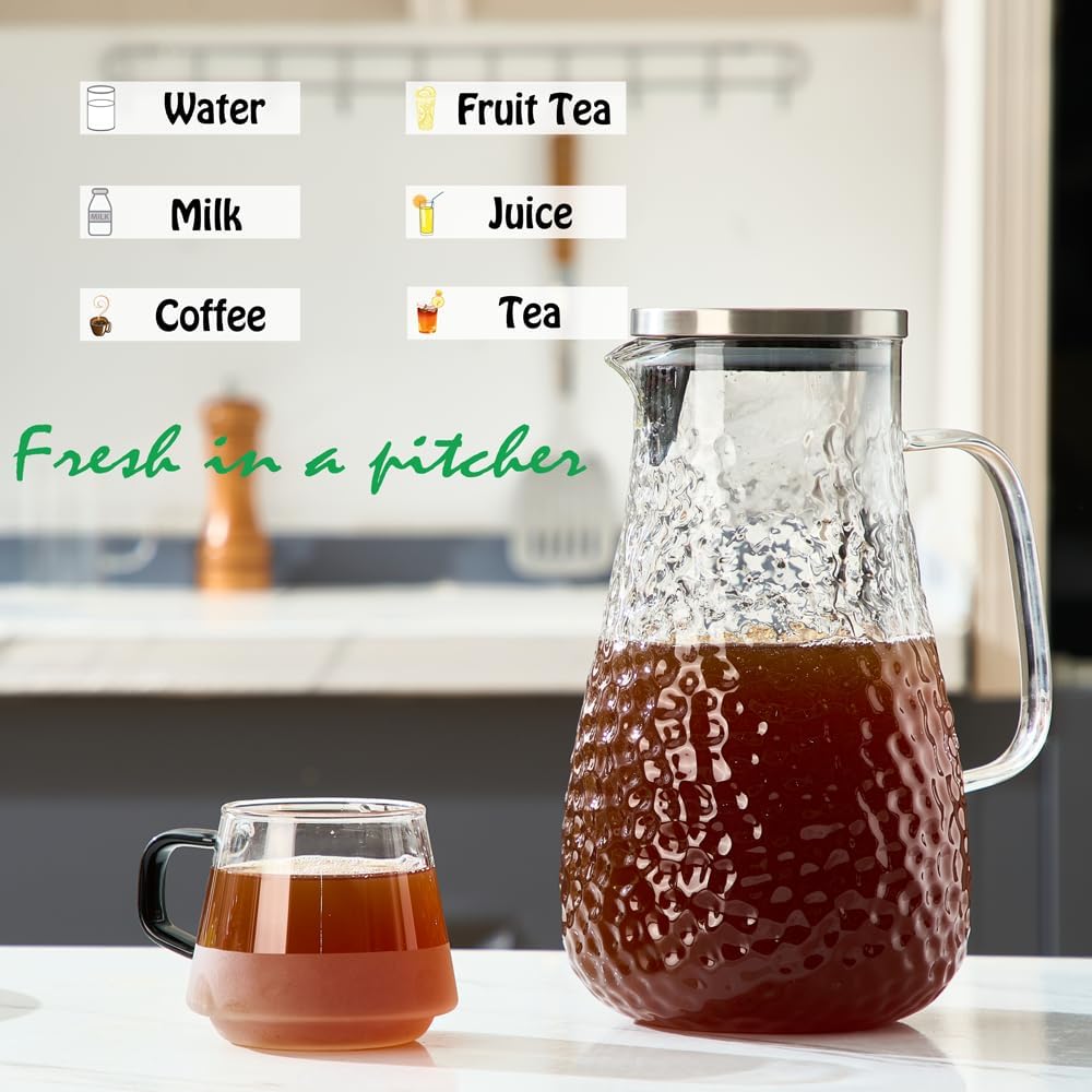 Karafu 78 Ounces/2.3 Liter Glass Pitcher with Lid, Wide Mouth Heat Resistant Water Jug for Hot/Cold Water, Ice tea and Juice Beverage Clear