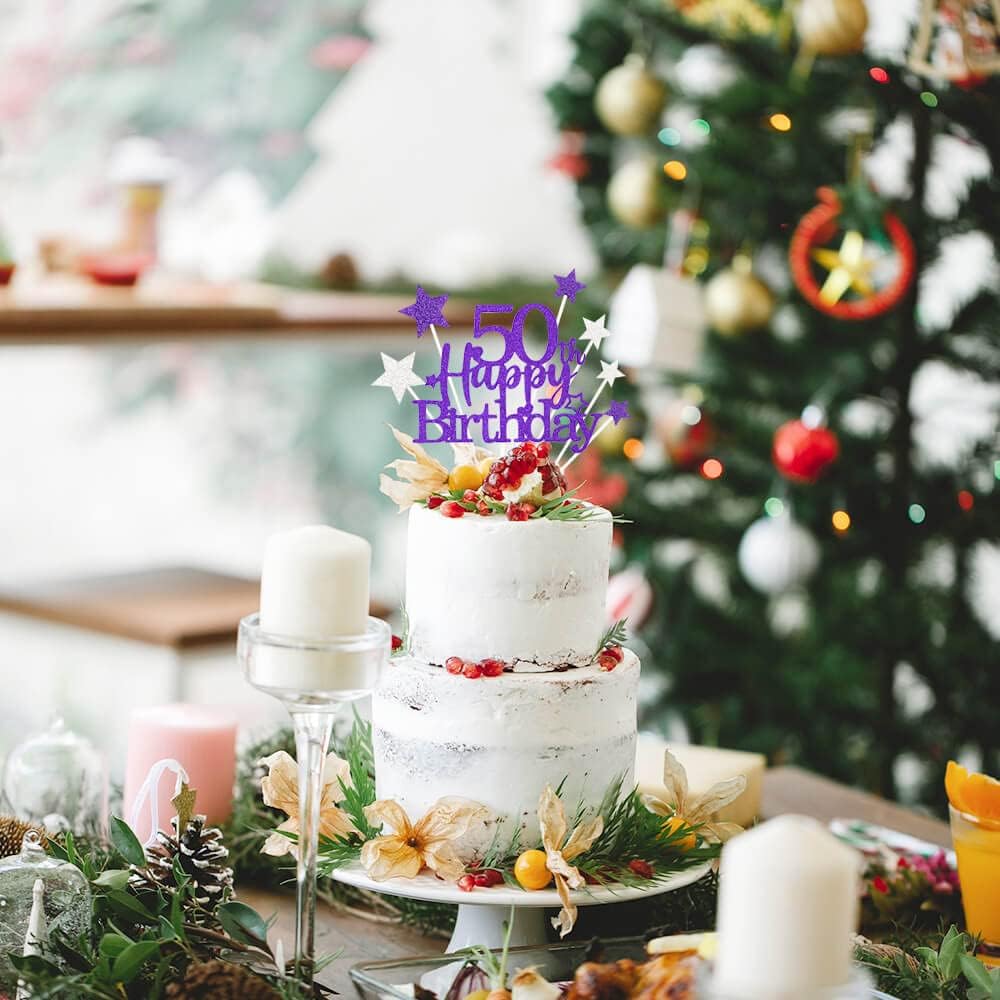 Glittery 50th Happy Birthday Cake Topper with Star,Personalised 50 Birthday Cake Toppers Party Decorations Party Supplies for Men Women Purple Silver