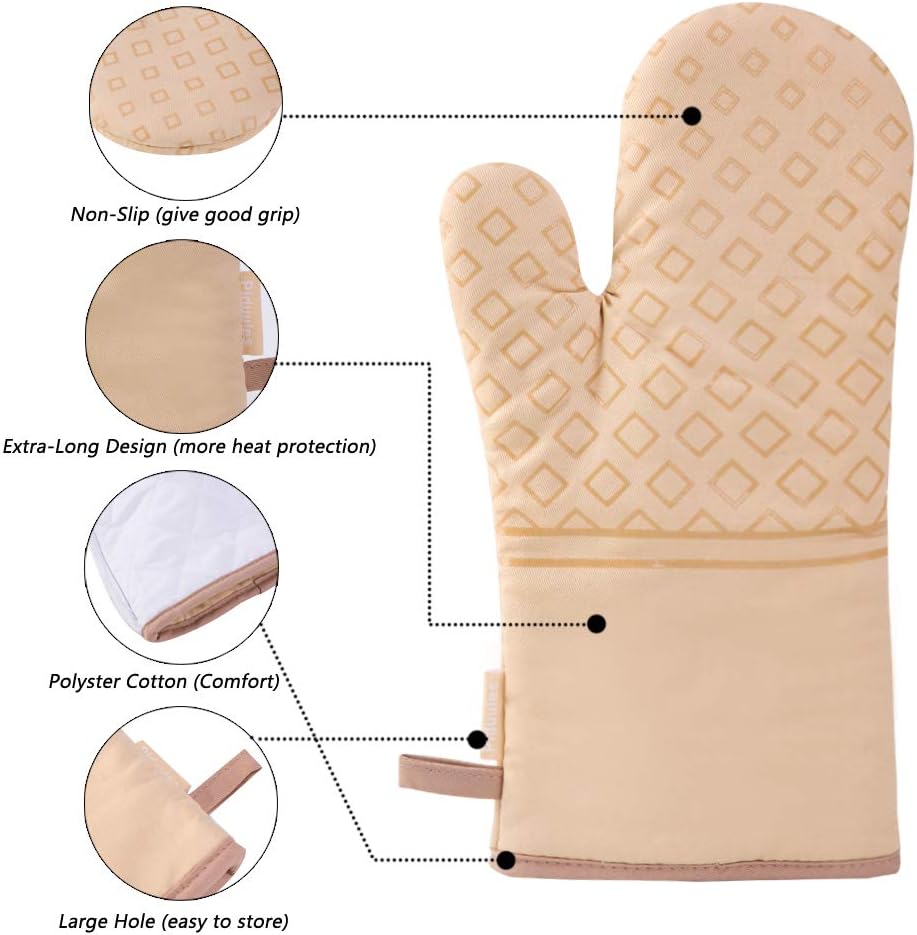 Set of 4 Oven Mitts and Pot Holders, 482 F Heat Resistant Hot Plate Moving Non-Slip Gloves for BBQ, Grill, Baking, Cooking, Oven, Microwave (Beige)