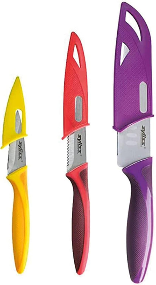 Zyliss 3 Piece Mini Santoku Knife Set with Sheath Covers, Stainless Steel/Pur...