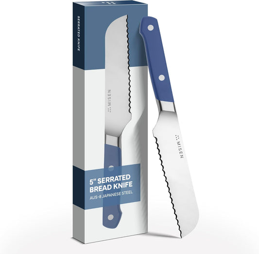 Misen Serrated Bread Knife – High-Carbon Japanese AUS8 Steel – Effortless Slicing of Bread, Pastries, and Fruits – Razor-Sharp Edge and Durable Blade with Ergonomic Handle - 5", Blue