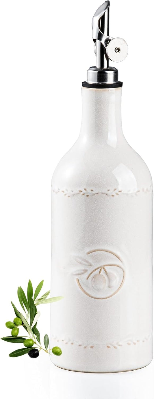 Olive Oil Dispenser Bottle, 18 oz Ceramic Oil Dispenser for Kitchen, Large Capacity Oli Bottle and Vinegar Cruet with Stainless Steel Spout, Cooking Oil Dispenser, Pack of 1, Off-White