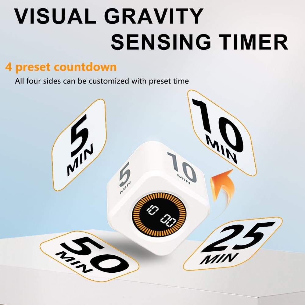 Visual Rotating Timer with 5, 10, 25 50 Minutes Preset, Desk Cube Count Down/up Timer, Rechargeable Custom-time Mute/Sound, Ideal for ADHD Work Learning Kitchen, White