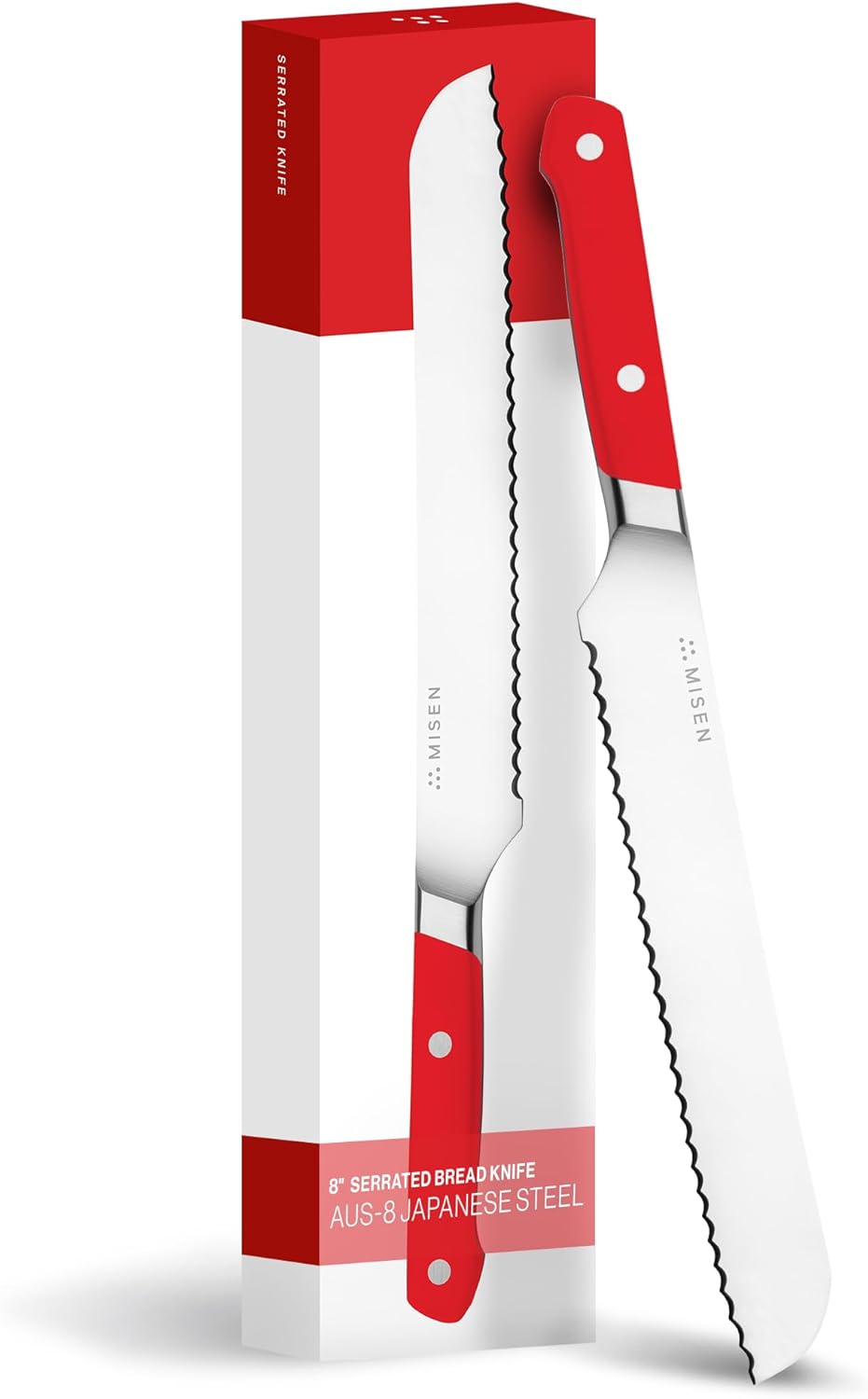Misen Serrated Bread Knife – High-Carbon Japanese AUS8 Steel – Effortless Slicing of Bread, Pastries, and Fruits – Razor-Sharp Edge and Durable Blade with Ergonomic Handle - 8", Red
