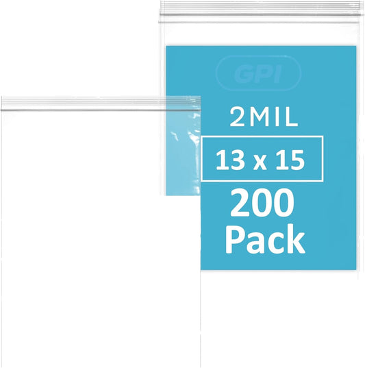 13" x 15" 2 Gallon Large Zip Bags, 2 Mil Thick Clear Plastic Reclosable Zipper Lock Bags with Write-on White Block, with Resealable Zip Top Lock for Food Storage & Office Supplies, 200 Count