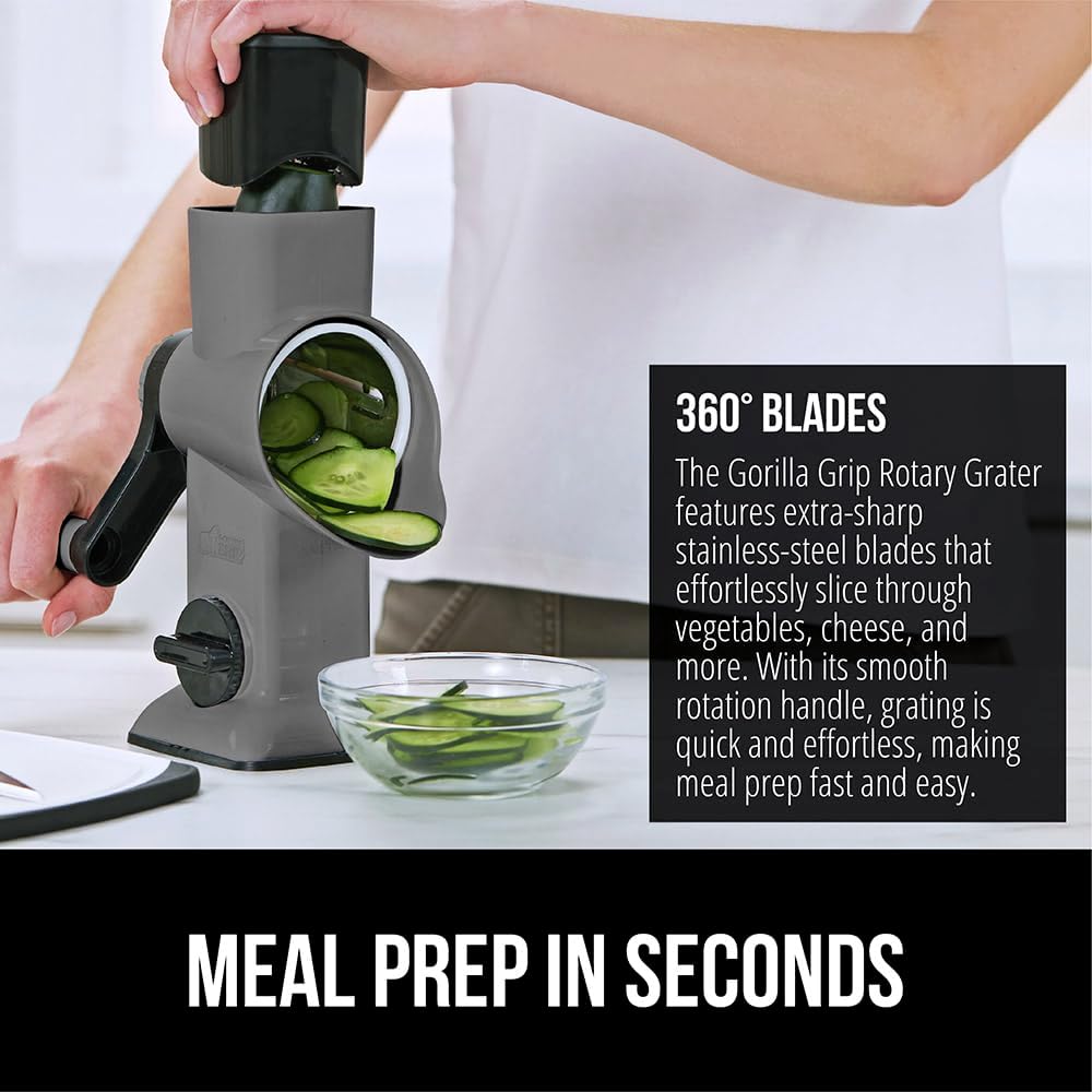 GORILLA GRIP BPA-Free Rotary Cheese Grater Hand Crank, Easy to Set Up, Strong Suction Base for Kitchen Countertop, Shred Potato, Vegetable, Nuts in Seconds, Round Mandoline Slicer, 3 Blades, Gray