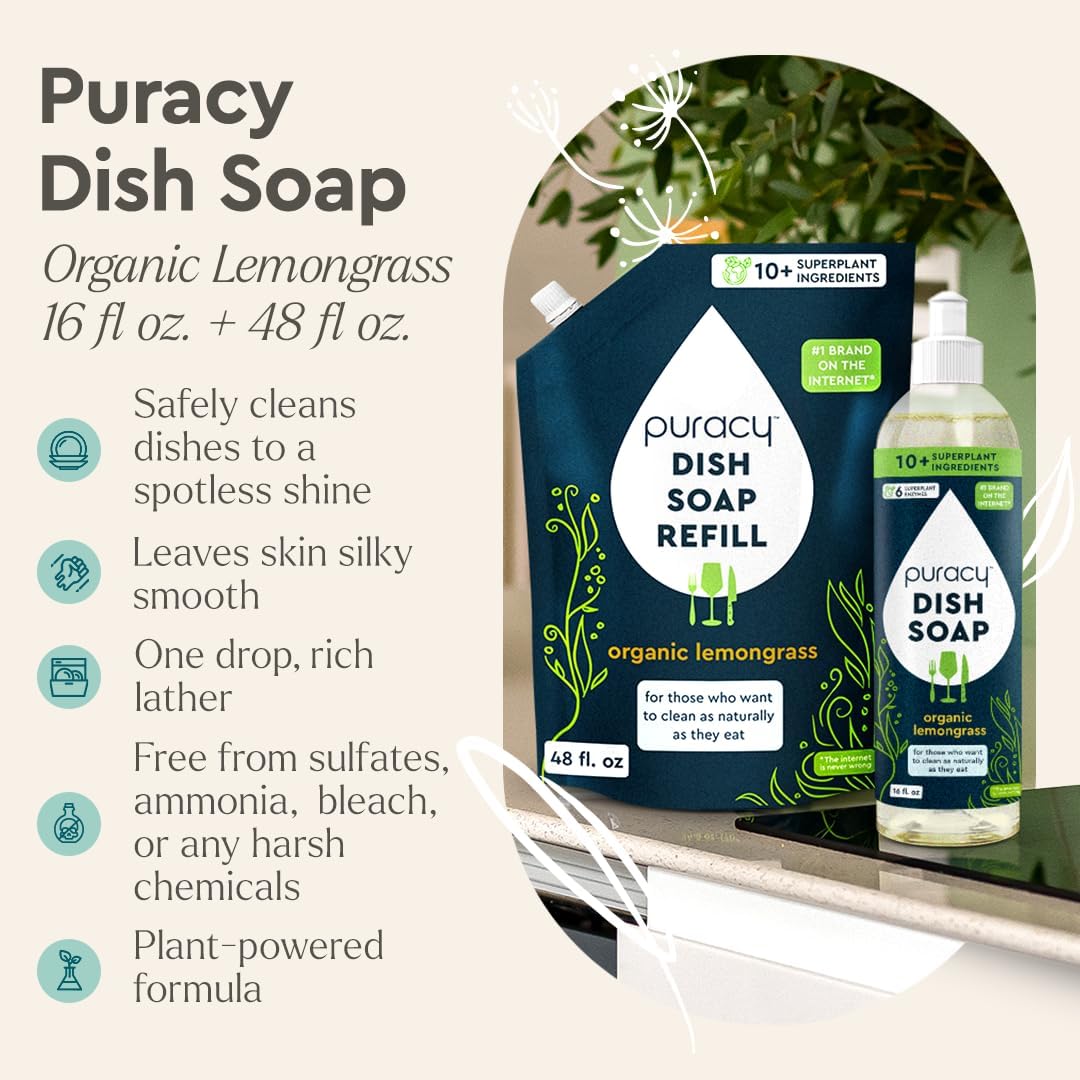 Puracy Natural Dish Soap Refill Bundle- Enzyme-Powered Dishwashing Soap, Organic Dishsoap Liquid Clean Non-Toxic (Organic Lemongrass, 16oz and 48oz Refill)