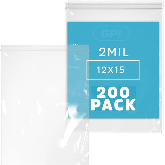 GPI Pack of 200, 12" X 15" Clear Plastic Reclosable Zip Bags - Bulk 2 Mil Thick Strong & Durable Poly Baggies with Resealable Zip Top Lock for Travel, Storage, Packaging & Shipping