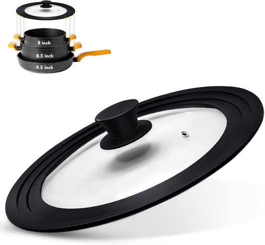 Universal Lid for Pots, Pans and Skillets, Pot Lid With Heat Resistant Silicone Rim and Tempered Glass, Fits 8", 8.5", 9.5" Diameter Pots and Pans