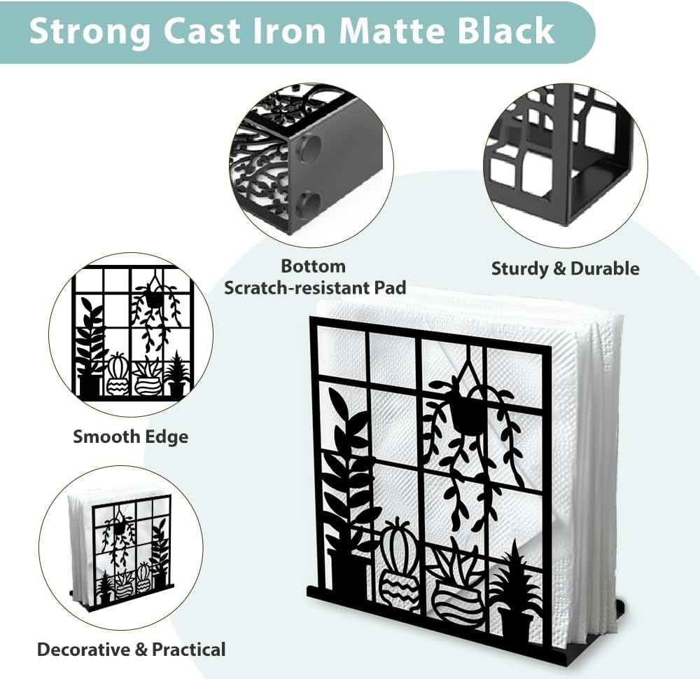 Potted Plant Decorative Black Metal Napkin Holder for Table, 4.9"x5.3"x1.9" Window Sill Hanging Basket Standing Napkin Holder for Home Kitchen Restaurant Picnic Party Coffee Bar Dining Room