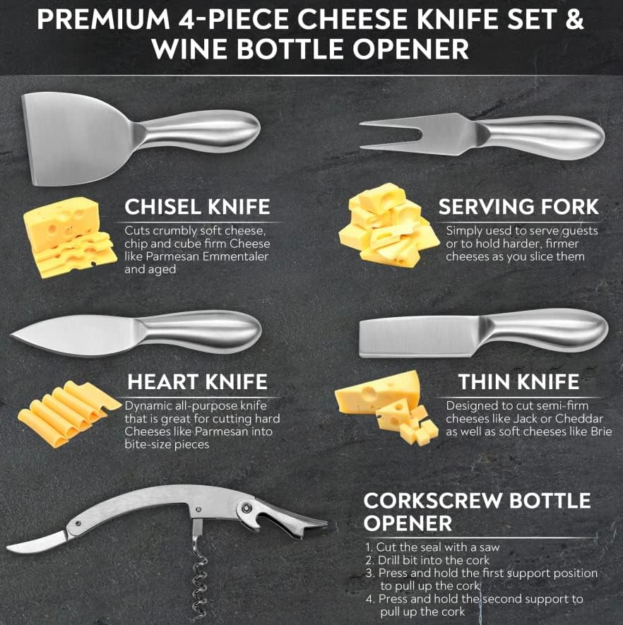 Handcrafted Italian Olive Wood Cheese & Charcuterie Board Set with Unique Gray Resin Artwork - Cutting Board Comes with 4 Cheese Knives, 2 Dipping Bowls & Corkscrew Wine Opener (Gray)