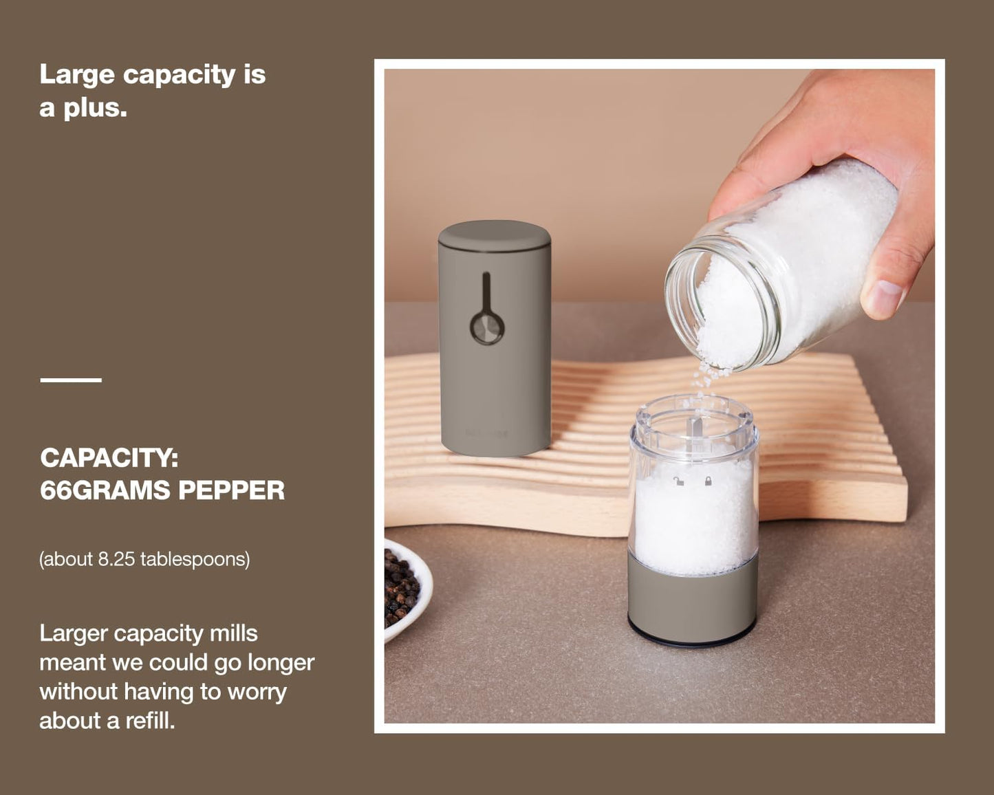 Stainless Steel Rechargeable Electric Salt and Pepper Grinder Set, USB Charging with Dust Cover, 6 Adjustable Grinding Modes + LED Light 2pack，Brown