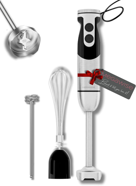 Megawise High-Power Hand Blender – 400W Max Power with Versatile 3-in-1 Attachments (Blending Shaft, Whisk, Chopper); Ergonomic Design with Adjustable Speed Control; Easy to Clean and Maintain (Black)