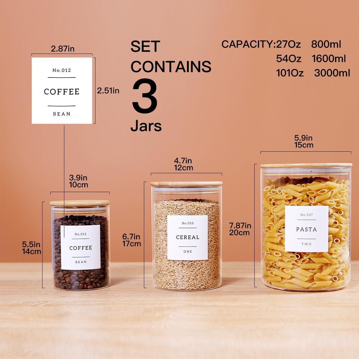 3 Pcs Glass Canisters with Airtight Bamboo Lids and 42 Kitchen Pantry Labels Preprinted - Clear Glass Flour and Sugar Storage Container Set - Large Glass Jars with Wood Lids(100 OZ/54 OZ/27 OZ)