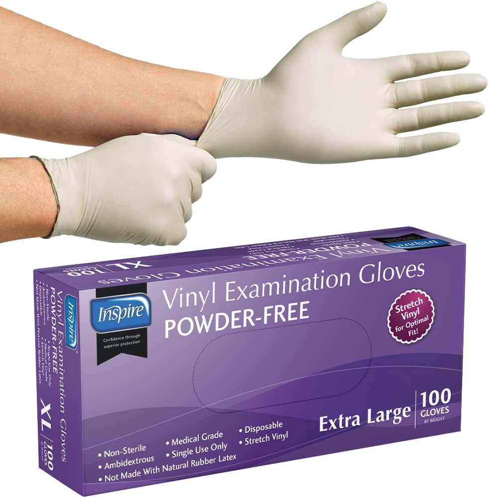 Inspire Exam Grade Powder & Latex Free Stretch Vinyl Gloves, Extra Large, 100 Count