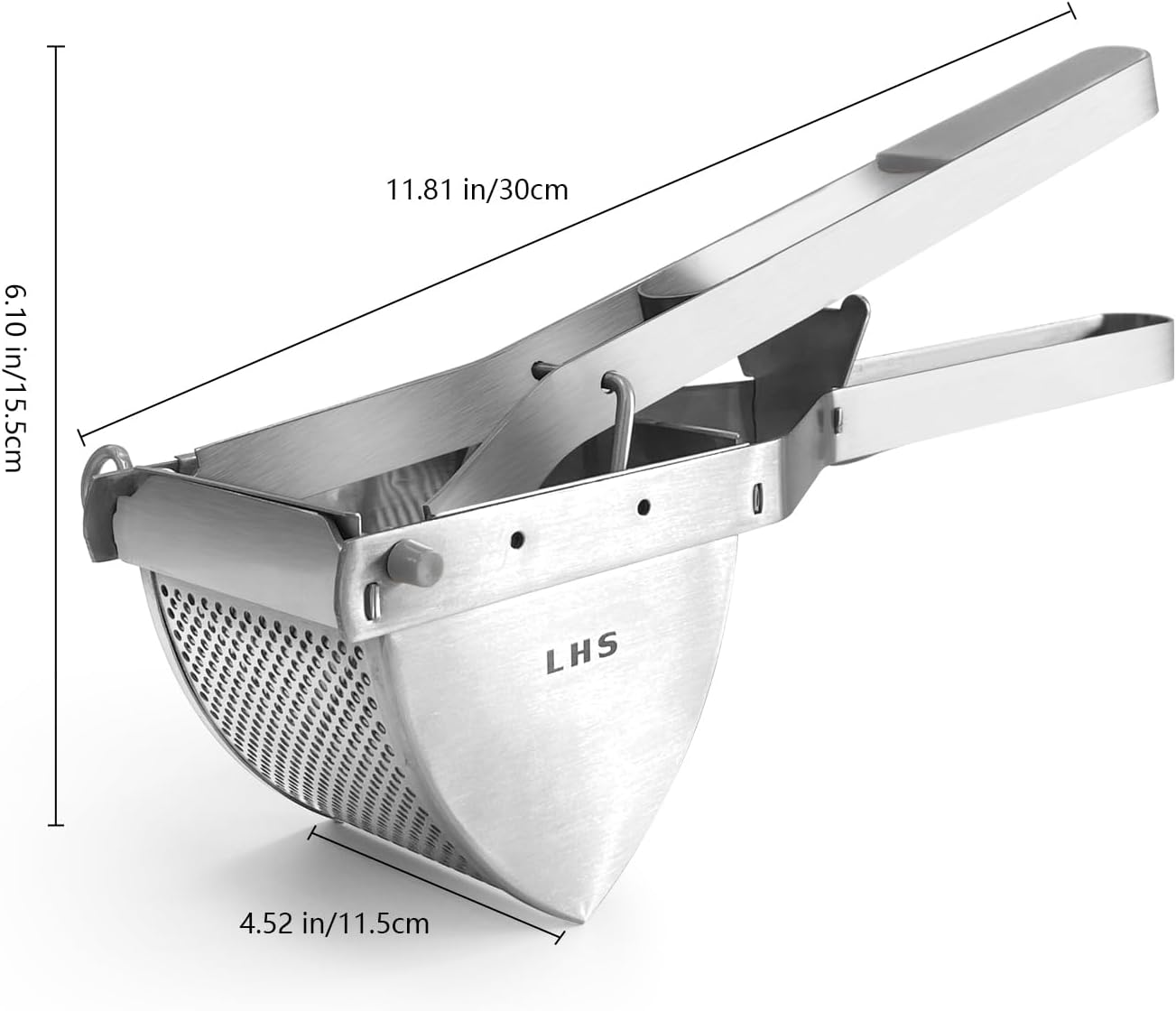 LHS Stainless Steel Potato Ricer and Masher, Heavy Duty Commercial Food Masher, Ergonomic Comfort Grip, Extra Large Capacity, Dishwasher Safe (Grey)