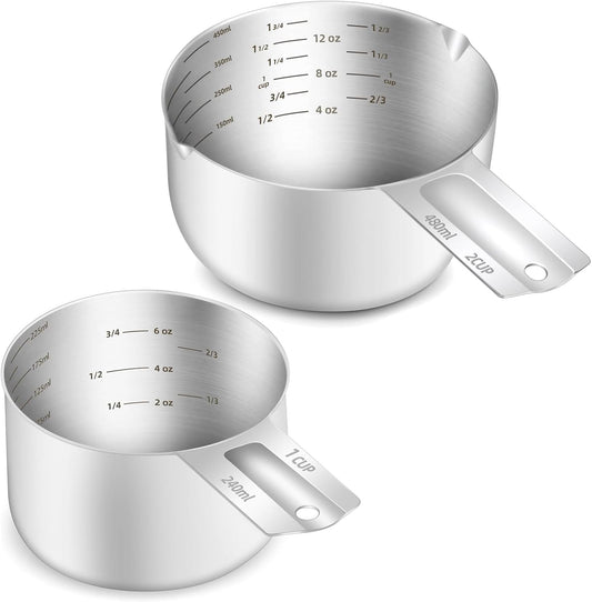 2PCS Stainless Steel Measuring Cup Set, Includes 2Cup(480ml, 16oz) and 1Cup (240ml, 8oz), Etched Inner Scale Measure Scoop, Metric and US Measurement, Dishwasher Safe