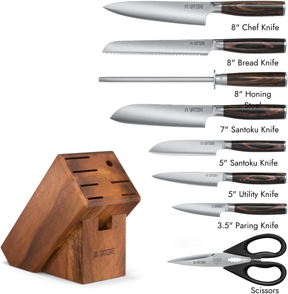 Yatoshi 9 Piece Block Set - Pro Kitchen Knife Set Ultra Sharp High Carbon Steel with Ergonomic Handle