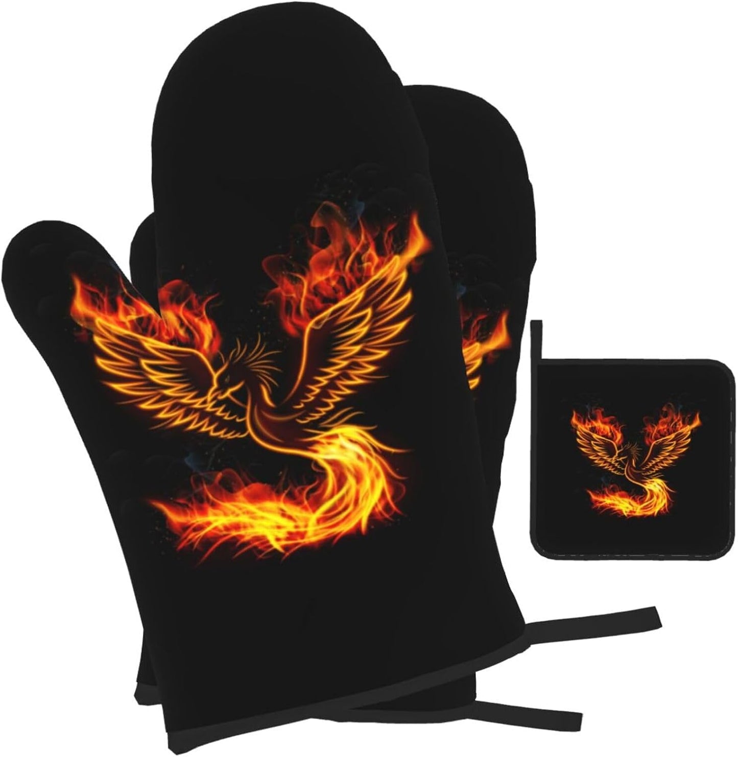 Fire Phoenix Oven Mitts and Pot Holders Set Funny Heat Resistant Microwave Oven Gloves for BBQ Baking Grilling Cooks Kitchen Decor 3 Piece