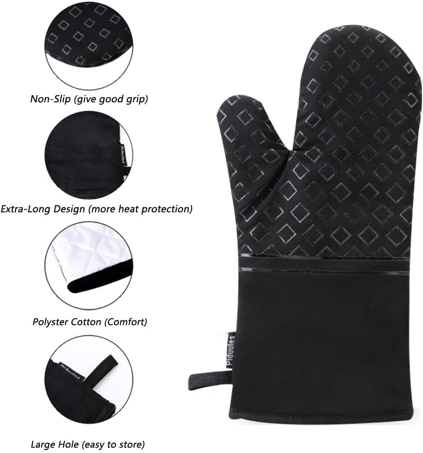 Set of 4 Oven Mitts and Pot Holders, 482 F Heat Resistant Hot Plate Moving Non-Slip Gloves for BBQ, Grill, Baking, Cooking, Oven, Microwave (Black)