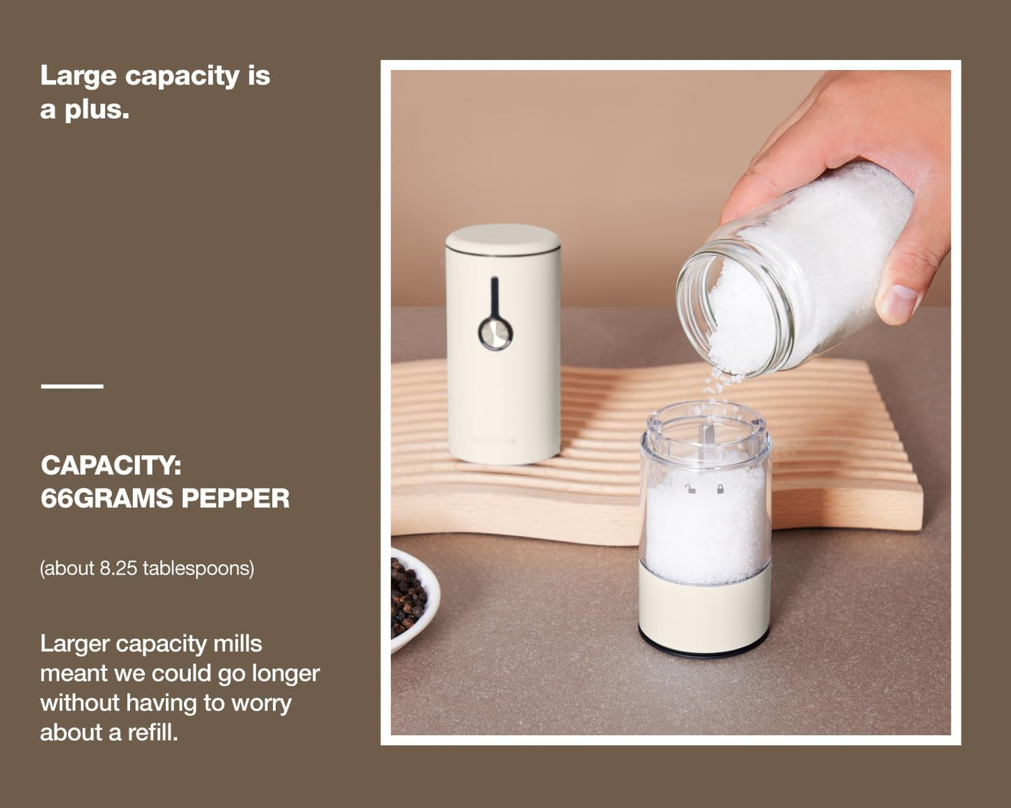 Stainless Steel Rechargeable Electric Salt and Pepper Grinder Set, USB Charging with Dust Cover, 6 Adjustable Grinding Modes + LED Light 2packBlack+Cream