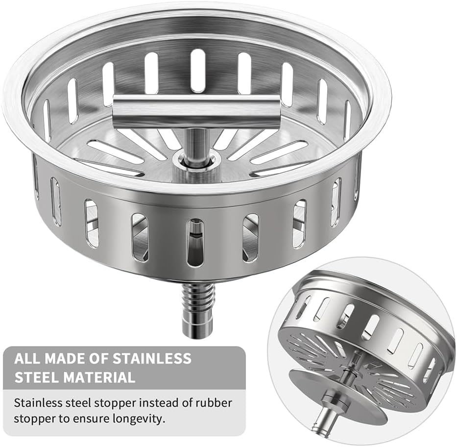 KONE Kitchen Sink Drain Sink Strainer 3-1/2 Inch Drain Assembly Kit Replacement for Universal 3.5 Inch Kitchen Sink, All Stainless Steel Body with Strainer Basket and Drain Stopper (Stainless)