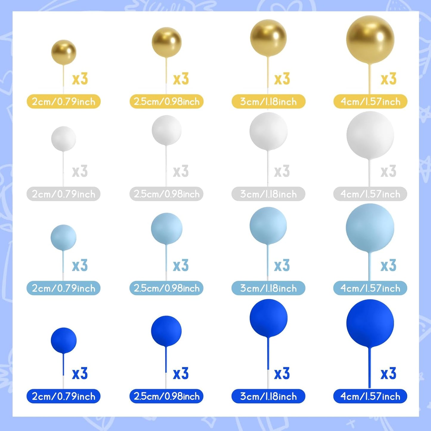 48 Pcs Balls Cake Topper Decorations Balloon Cupcake Toppers Foam Cake Topper Balls Cake Balls Decorations for Birthday Party Wedding Cake Decorating (Royal Blue, Light Blue, White, Gold)