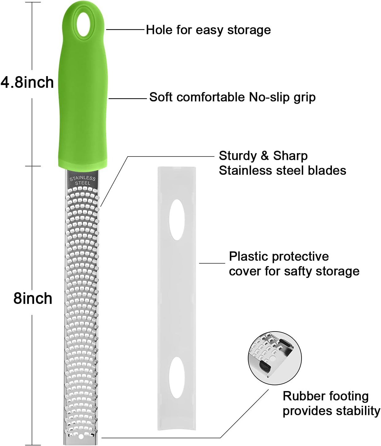 Lemon Zester, Stainless Steel Kitchen Cheese Grater, Plastic Cover Ergonomic Soft Green Handle