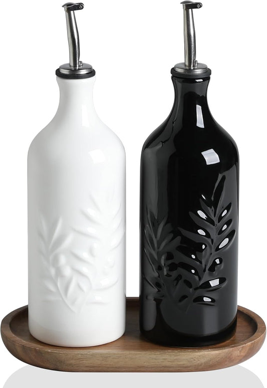 Sweejar Ceramic Olive Oil Dispenser Bottle, 20 Oz Relief Opaque Oil Cruet Protects To Reduce Oxidation, Suitable for Storage Vinegar, Soy Sauce,Liquids,Set of 2 (White Black)