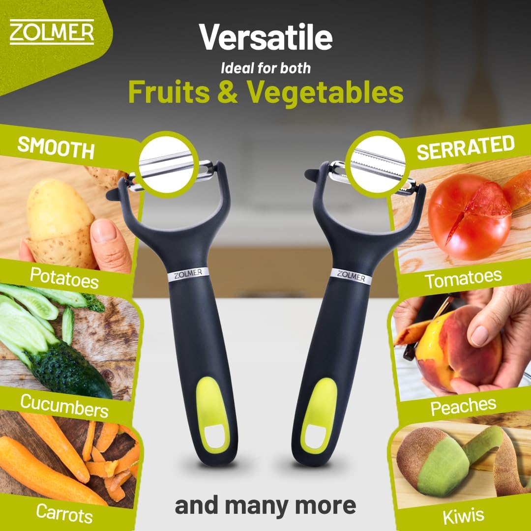 ZOLMER® Premium Y Peelers for kitchen with Smooth and Serrated Blades 2 Set - Extra Sharp Vegetable Peelers with Ergonomic Handle - Dishwasher Safe - Potato peelers, Fruit peeler and more