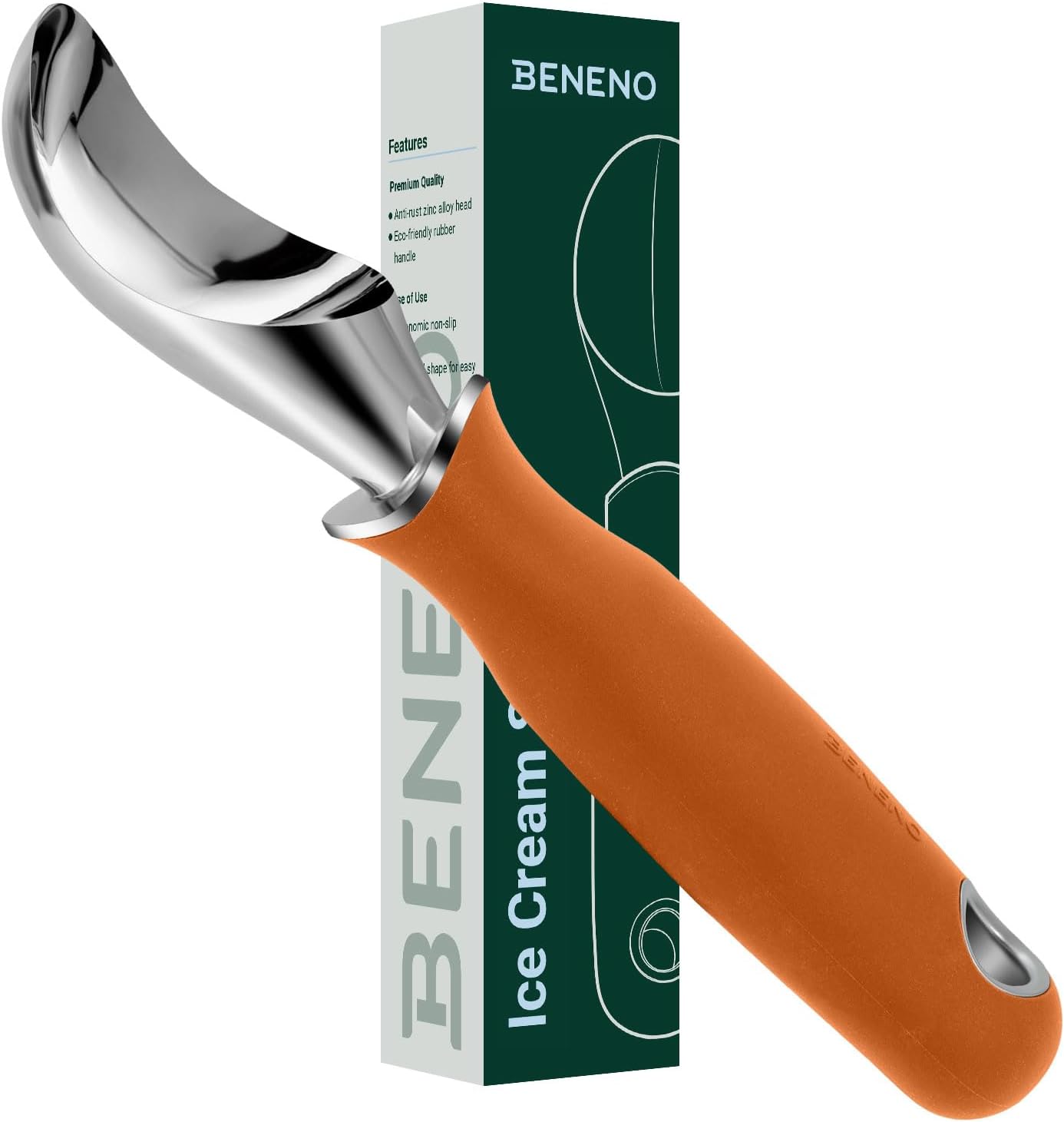 Beneno Heavy Duty Ice Cream Scoop - Upgraded Anti-Fracture Design, Comfortable Grip Long Handle, Effortless Scooping & Dishwasher Safe, Orange