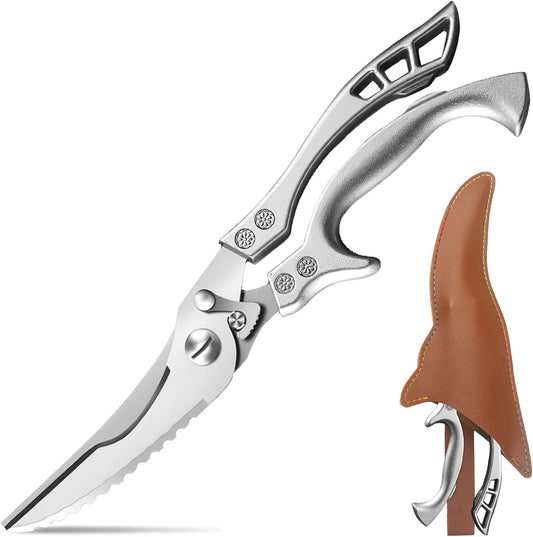 Poultry Shears Heavy Duty Professional, Multipurpose Kitchen Shears with Sheath, Spring-Loaded Stainless Steel Chef Scissors Cutting Bone, Chicken, Fish, Food, Meat, Full Steel Handle Silver