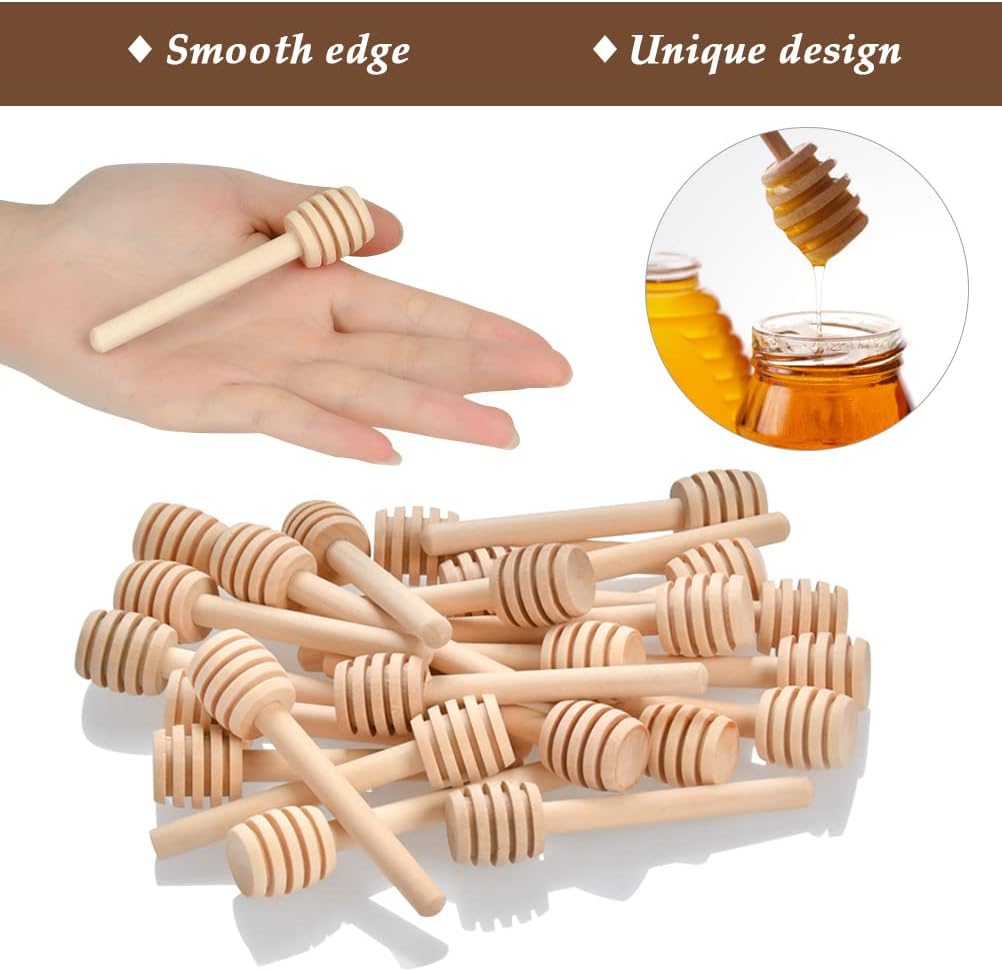 100pcs Honey Dipper Sticks, 3 inch Wooden Honey Dipper Honey Stirrers Honey Spoon with Natural Jute Twine Kraft Paper Tags for Honey Jar Dispense Drizzle Honey Wedding Party Favors Honey Server