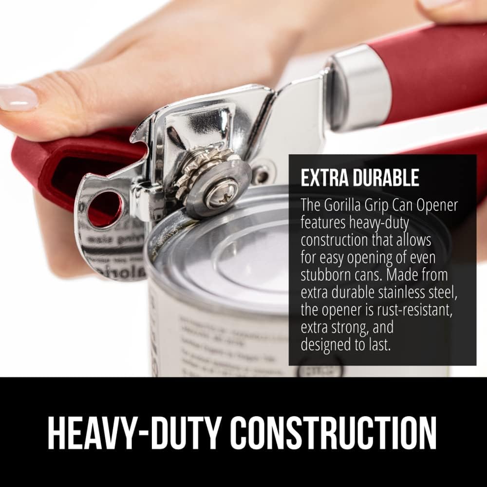 GORILLA GRIP Heavy Duty Stainless Steel Smooth Edge Manual Can Opener and Bottle Openers, Soft Comfortable Handle, Oversized Handheld Turn Knob, US Designed Multifunctional Kitchen Tool, Red