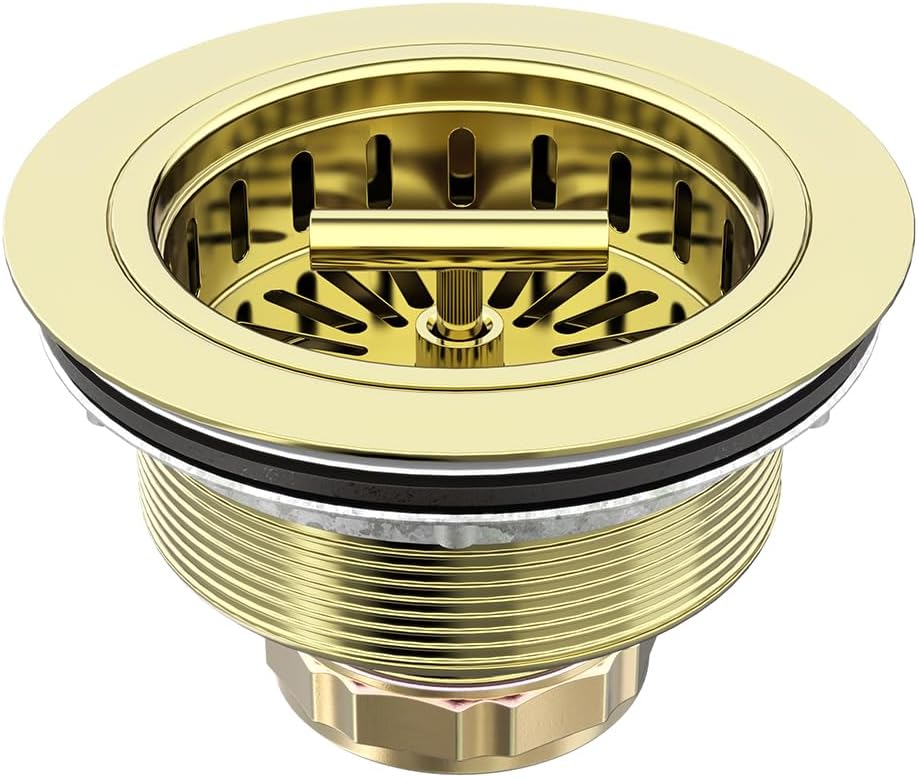 KONE 3-1/2 Inch Kitchen Sink Drain Assembly Stainless Steel Gold Kit with Strainer Basket/Rubber Stopper, Rustproof Durable Gold Finish Replacement for Standard Commercial Sink Drains