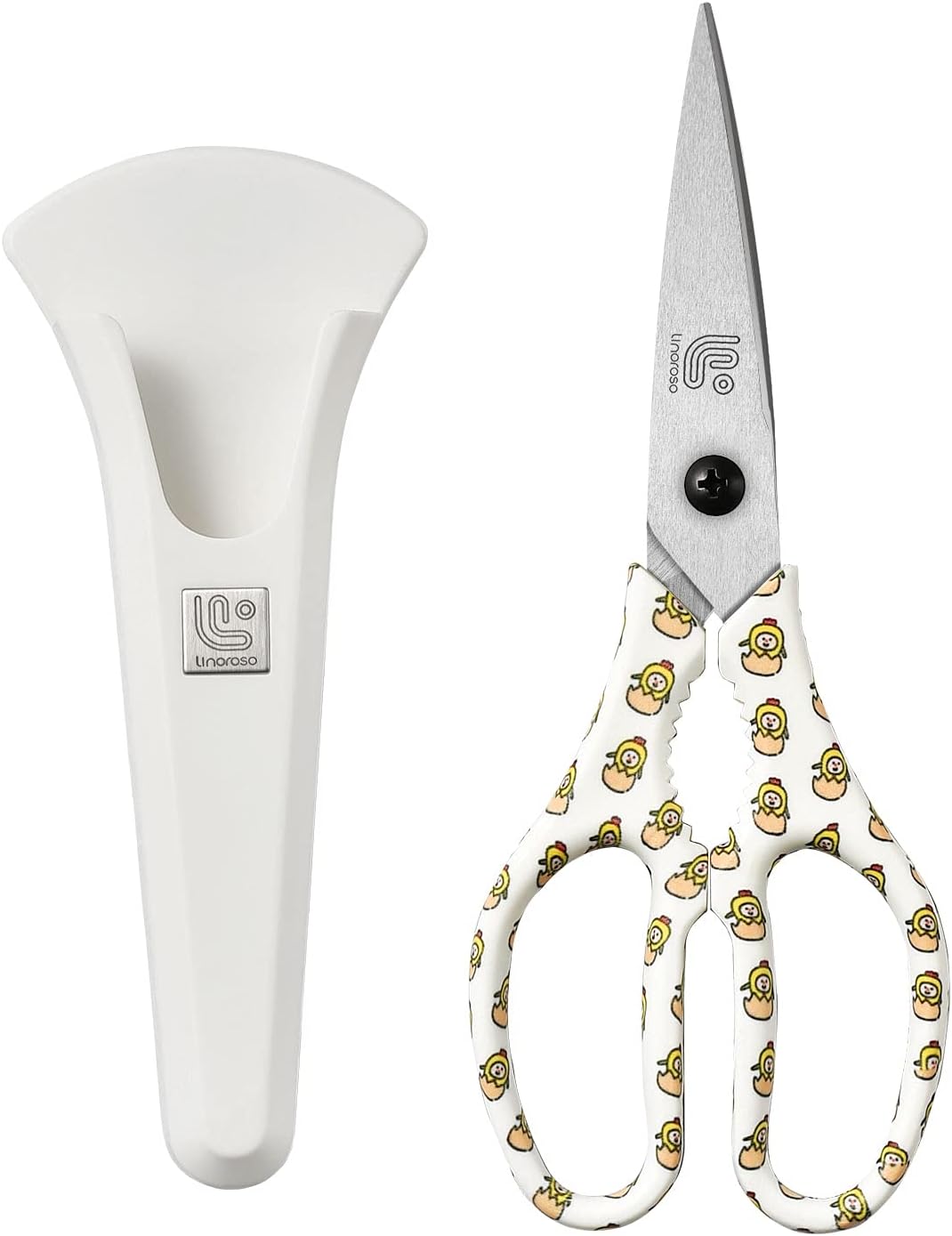 Linoroso Kitchen Scissors Heavy Duty Kitchen Shears with Magnetic Holder Made with Japanese Steel 4034, Multipurpose Ultra Sharp Cooking Scissors for Meat/Vegetables/BBQ/Herbs/Pizza (Graphic,Chick)