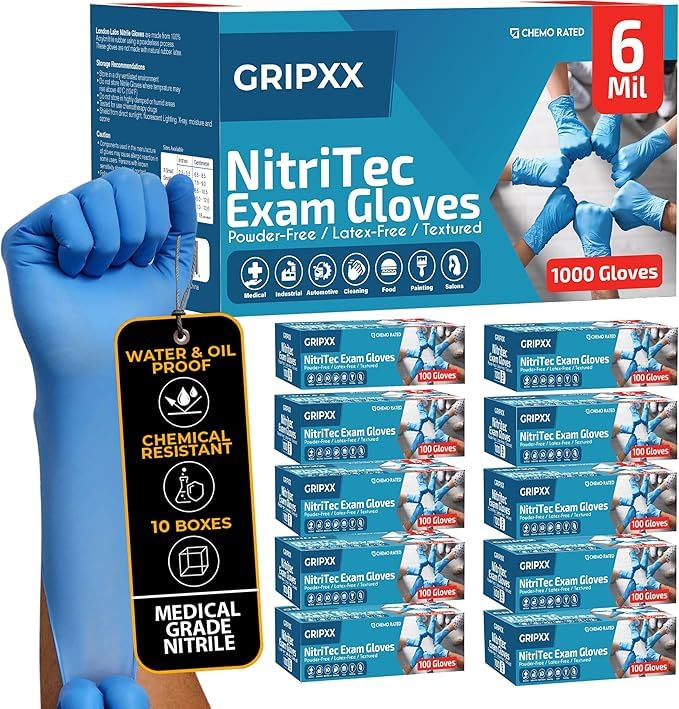 Heavy Duty 6 Mil Blue Nitrile Gloves Disposable Latex & Powder Free -Extra Stretchy Fentanyl Safe |Medical,First Aid Kit,EMT|Food Safe Rubber Gloves for Cooking & Cleaning|Bulk Pack (1000)