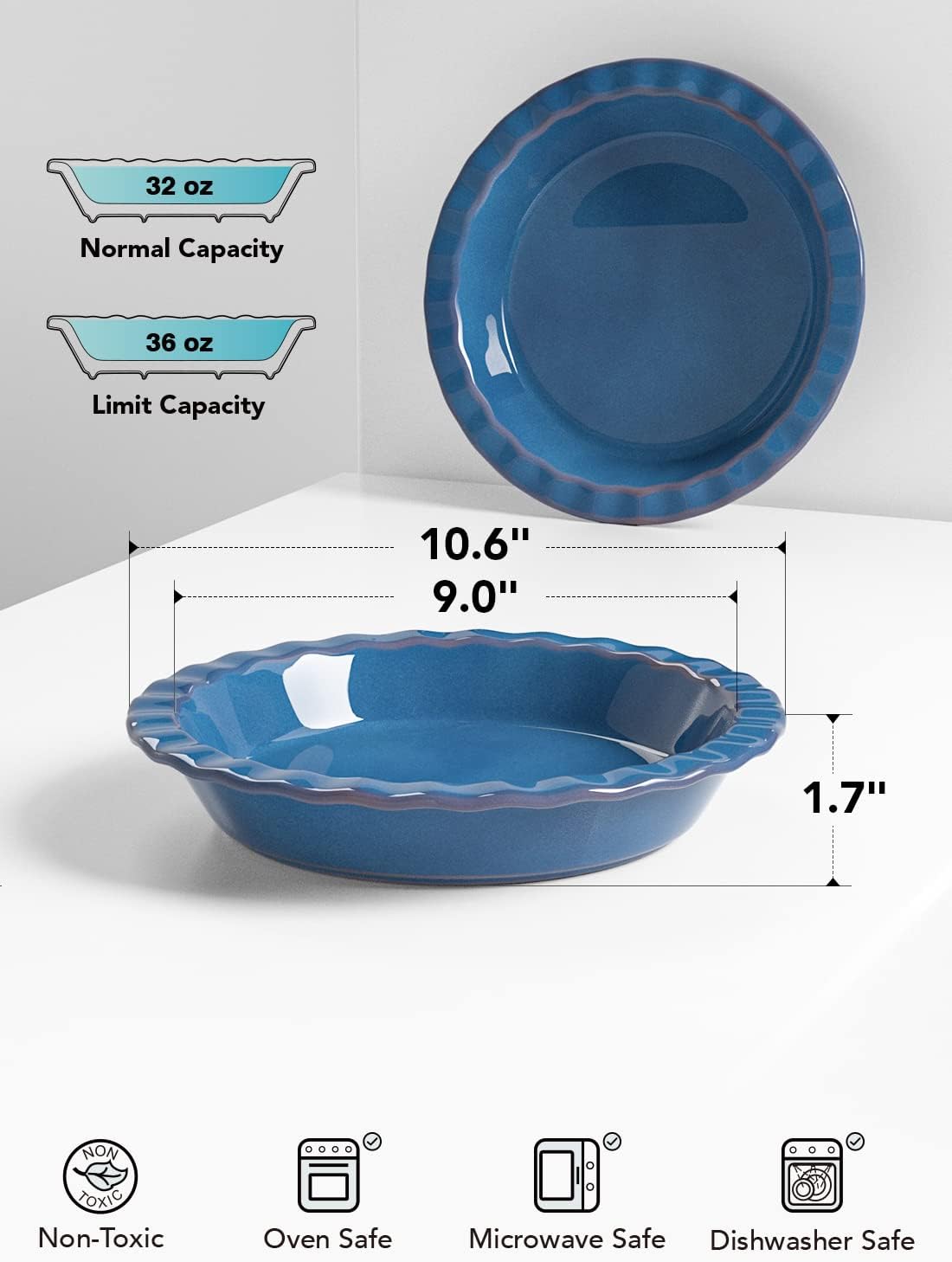 LE TAUCI Ceramic Pie Dish for Baking, 9 Inches Pie Pan for Apple Pie, Pecan Pie, 36 Ounce Pie Plate, Set of 2, Ceylon Blue
