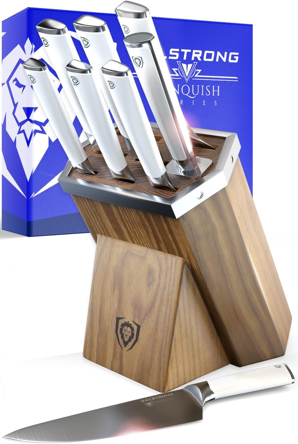 Dalstrong Knife Block Set - 8 Piece - Vanquish Series - Forged High Carbon German Steel - Kitchen Knife Set - Premium Wood Block - White POM Handle - NSF Certified